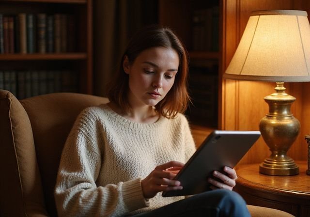Een vrouw in een gebreide trui leest op een tablet