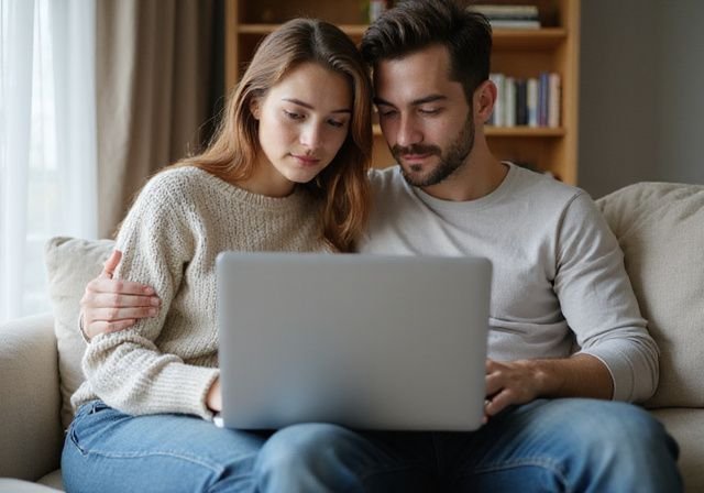 Een vrouw en man zitten samen, gefocust op een laptop