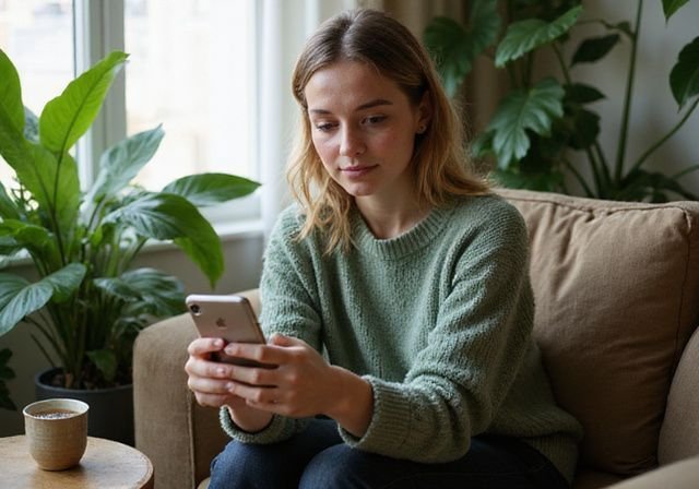 Een vrouw in een groene trui, bezig met haar smartphone