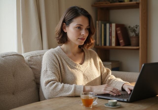 Een vrouw volgt geconcentreerd een online taalles op de bank. Een vrouw volgt geconcentreerd een online taalles op de bank