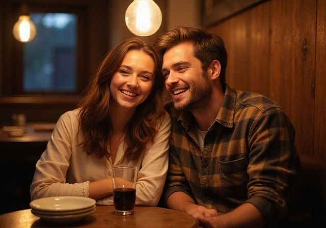 Een man en vrouw lachen samen aan een houten tafel