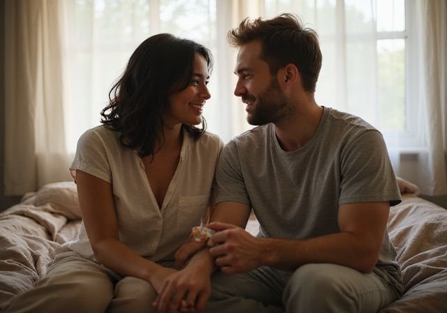 Een man en vrouw delen een intieme, speelse moment op een bed. Een man en vrouw delen een intieme, speelse moment op een bed