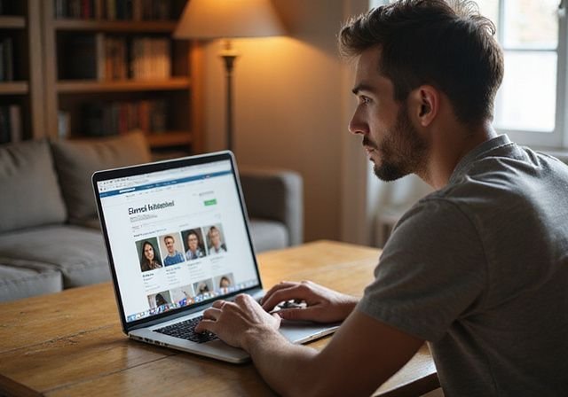 Een persoon werkt gefocust aan een laptop op een houten bureau. De voordelen van het gebruik van sexdatingsites