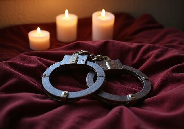 Een paar leren handboeien op een bordeauxrode fluwelen bedspread. Een paar leren handboeien op een bordeauxrode fluwelen bedspread