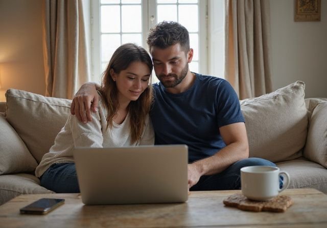 Een vrouw en een man kijken samen op een laptop. Een vrouw en een man kijken samen op een laptop naar Sexcontact Adressen