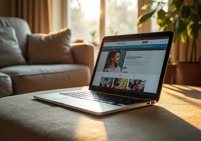 Een laptop met een datingwebsite op een gezellige bank