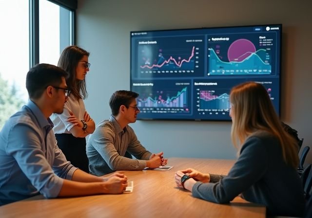 Groep professionals besprekend website analyse rond digitale touchscreen in kantoor