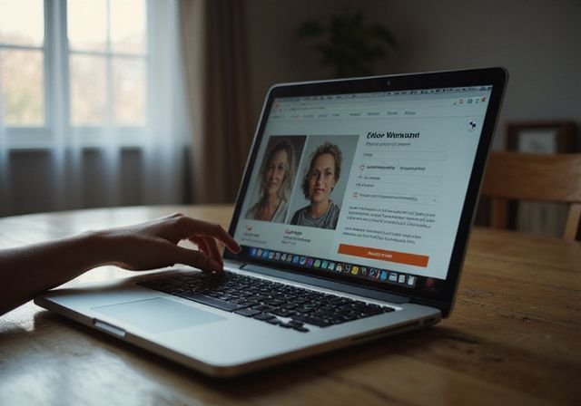 Een open laptop toont een datingwebsite met een profiel van een oudere vrouw. Met een laptop op zoek naar een oudere vrouwen sexdate