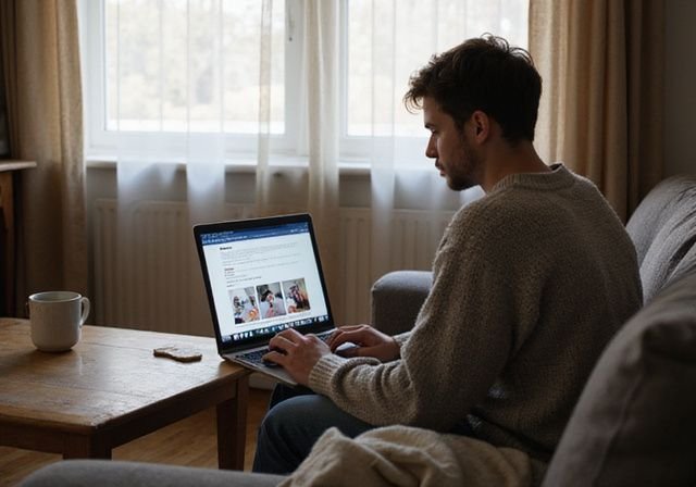 Een persoon zit op de bank en bekijkt een laptop. Een persoon zoekt naar Prive Sexcontact