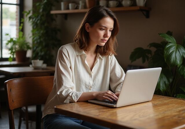 Een vrouw in een koffiezaak verdiept in haar laptop