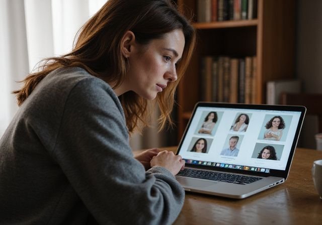 Een vrouw in een grijze trui bekijkt aandachtig datingprofielen op haar laptop. Een vrouw in een grijze trui bekijkt aandachtig datingprofielen op haar laptop.