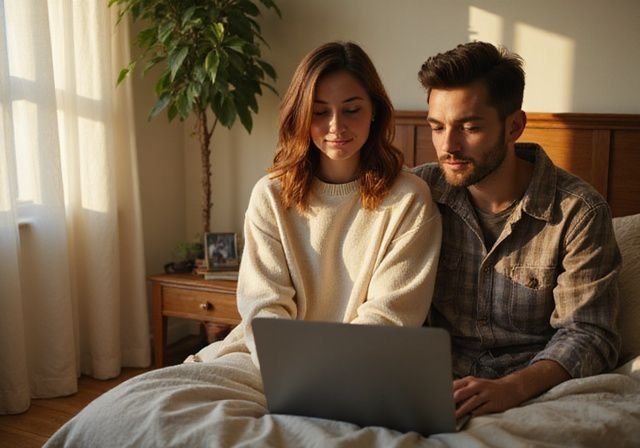 Een stel zit samen in een warme slaapkamer, bezig met videochatten