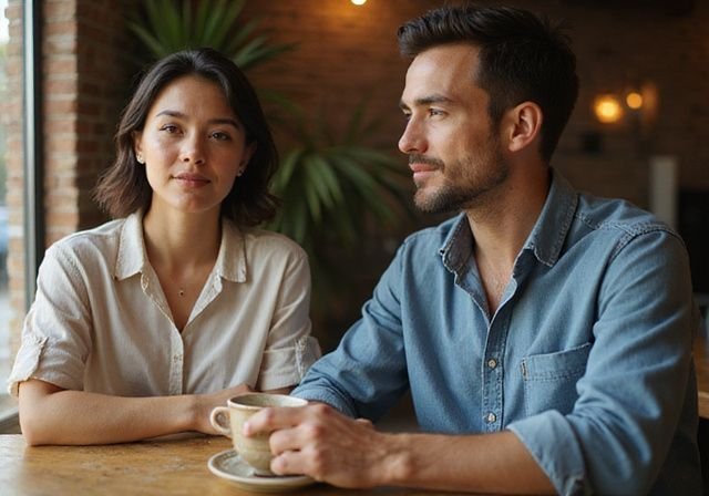 Een vrouw en man hebben een intieme conversatie in een café