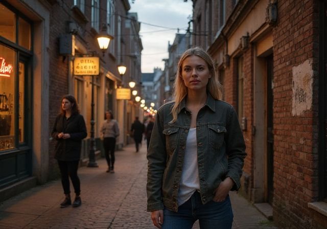 Vrouwen staan op een smalle straat met verouderde gebouwen. Vrouwen staan op een smalle straat met verouderde gebouwen