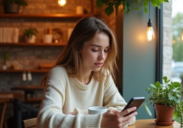 Een vrouw in een café, geconcentreerd op haar smartphone