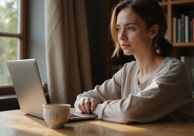 Een vrouw geconcentreerd achter een laptop aan een houten bureau
