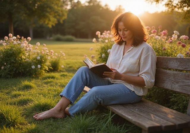 Een vrouw leest op een houten bank in een bloeiende tuin. Een vrouw leest op een houten bank in een bloeiende tuin
