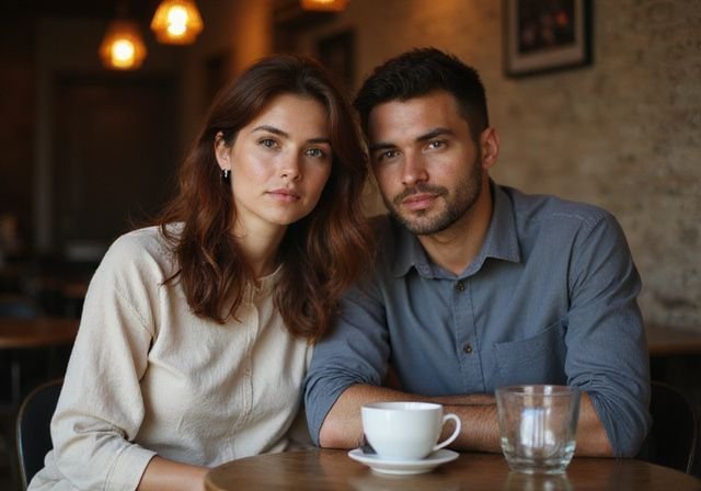 Een man en vrouw delen een intiem moment in een café. Een man en vrouw delen een intiem moment in een café