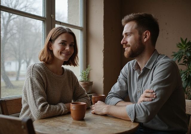 Een vrouw en man genieten van elkaars gezelschap in een café. Een vrouw en man genieten van elkaars gezelschap in een café