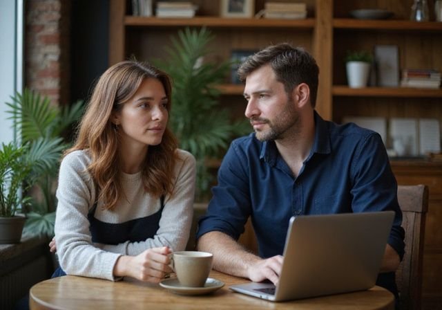 Een man en vrouw hebben een intense conversatie in een café. Een man en vrouw hebben een intense conversatie in een café.