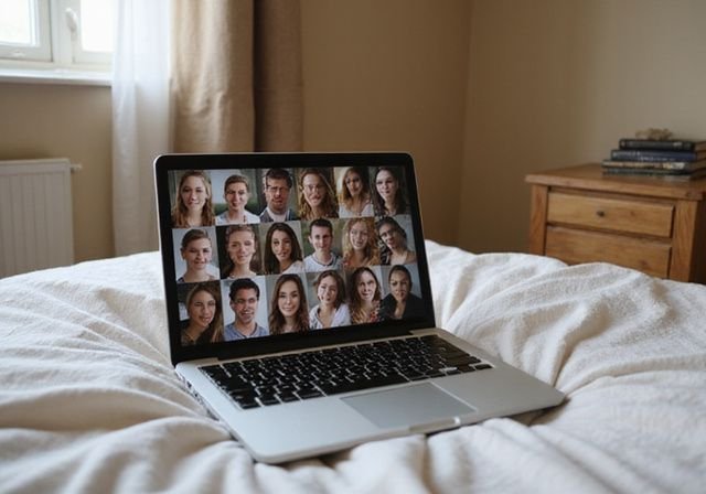 Een laptop toont profielfoto's op een bed met een witte deken. Een laptop toont profielfoto