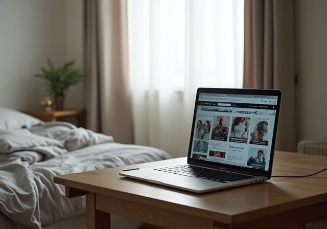 Een eenvoudig slaapkamerinterieur met een laptop en rommelig bed. Een eenvoudig slaapkamerinterieur met een laptop en rommelig bed