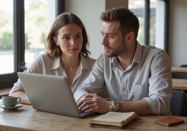 Een man en vrouw bespreken iets op een laptop in een café
