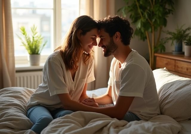 Een stel in een gezellige slaapkamer, genietend van een intiem moment. Een stel in een gezellige slaapkamer, genietend van een intiem moment