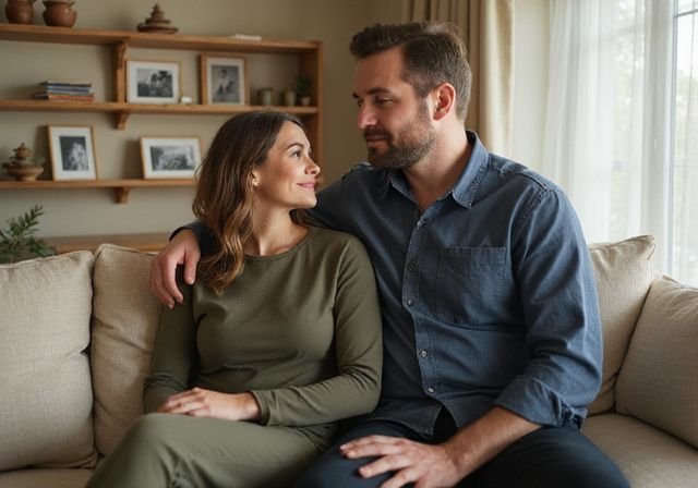 Een stel in hun dertiger jaren zit samen op een bank. Een stel in hun dertiger jaren zit samen op een bank