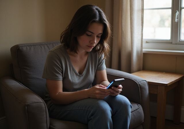 Een jonge vrouw zit ontspannen met haar smartphone in een rustige kamer. Een jonge vrouw zit ontspannen met haar smartphone in een rustige kamer