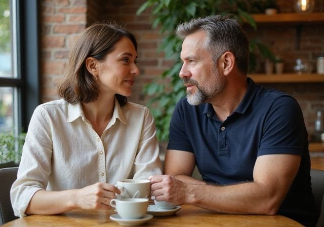 Een middel ouder echtpaar heeft een serieuze conversatie aan een cafétafel. oudere vrouwen sexdate zoeken en vinden