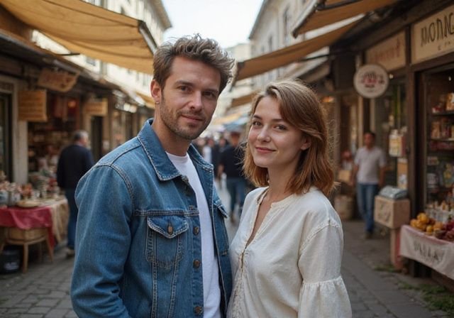 Een man en vrouw genieten van een levendige markt in Limburg. Een man en vrouw genieten van een erotisch contact in Limburg