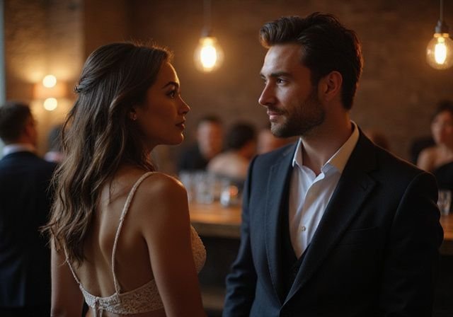 Een man en vrouw voeren een rustige conversatie in sociale omgeving