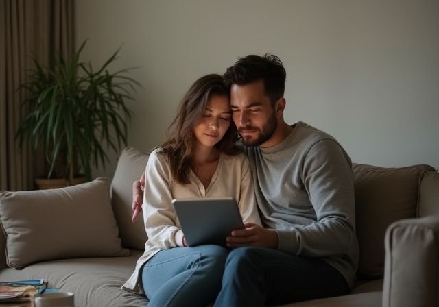 Een stel ontspant samen op een bank met een tablet. Een stel ontspant samen op een bank met een tablet en zoekt naar erotisch contact in Limburg
