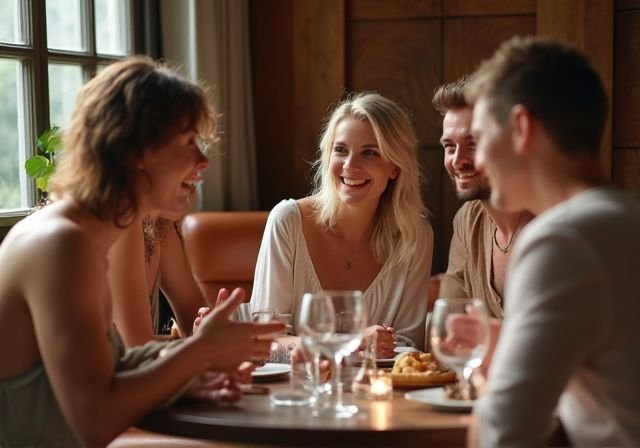 Groep volwassenen in gesprek in een stijlvolle swingersclub