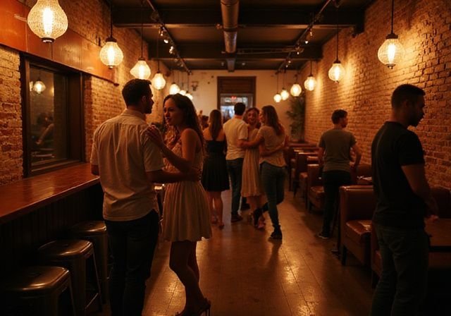 Een intieme scène in een bruisende swingersclub met dansende koppels