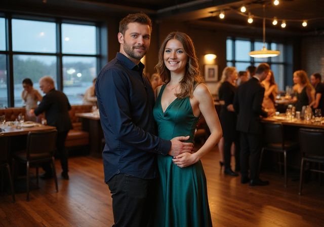 Een man en vrouw in stijlvolle kleding genieten van een dansavond