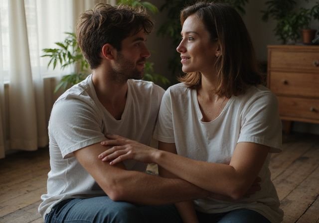 Een man en vrouw delen een intieme, rustige moment op de vloer. Een man en vrouw willen erotisch contact in Limburg