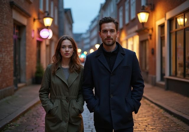 Een vrouw en man wandelen ontspannen door een straat in Maastricht. Een vrouw en man wandelen ontspannen door een straat in Maastricht