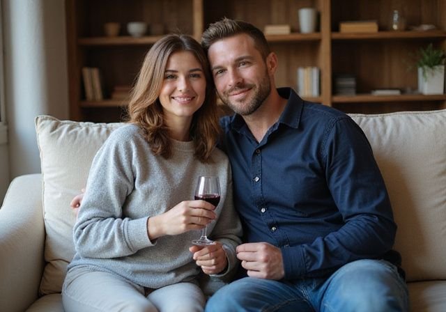 Een stel geniet van een intiem moment met een wijnglas. Een stel geniet van een intiem moment met een wijnglas