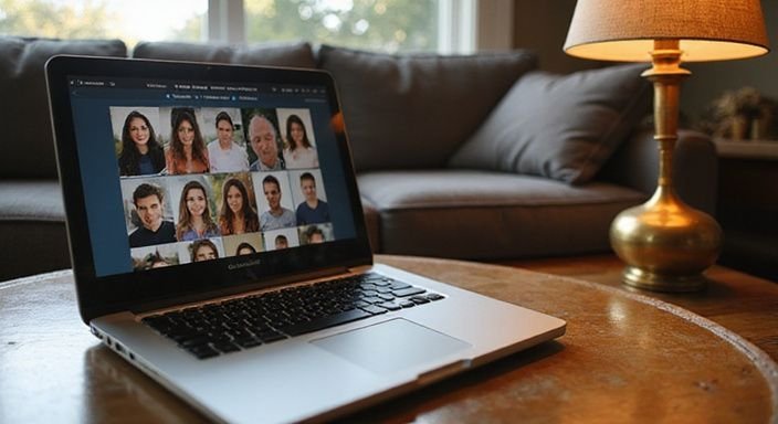 Een gezellige woonkamer met een laptop en een comfortabele bank. Een gezellige woonkamer met een laptop en een comfortabele bank