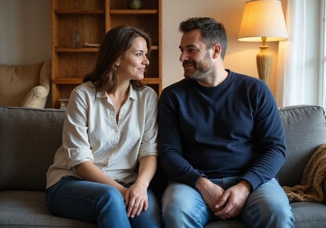 Een vrouw en man zitten ontspannen op een grijze bank. Een vrouw en man zitten ontspannen op een grijze bank