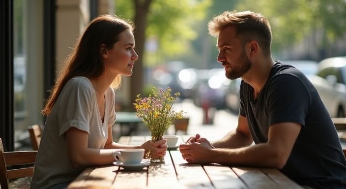 Een vrouw en man voeren een intiem gesprek in een café. Een vrouw en man voeren een intiem gesprek in een café