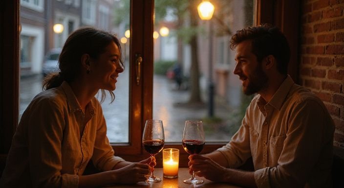 Een man en vrouw delen een intiem moment in een restaurant. Een man en vrouw delen een intiem moment in een restaurant