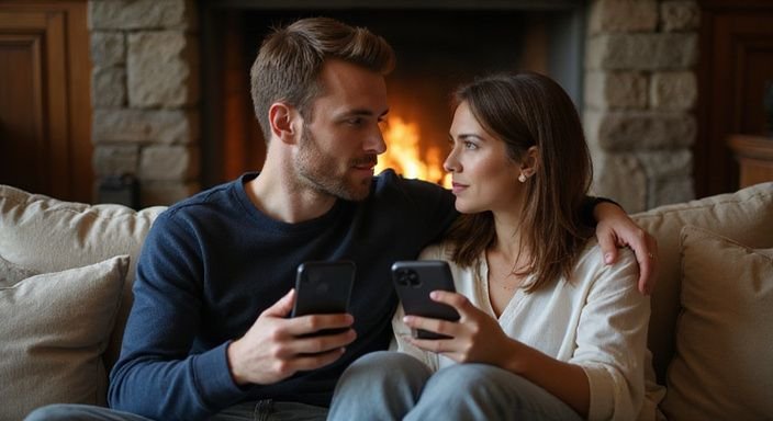 Twee mensen zitten dicht bij elkaar en bespreken iets op smartphones. Twee mensen zitten dicht bij elkaar en bespreken iets op smartphones