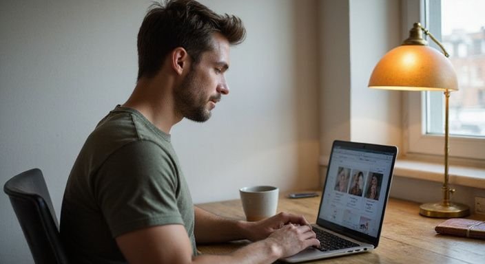 Een man werkt geconcentreerd aan zijn laptop in een thuiskantoor. Een man werkt geconcentreerd aan zijn laptop in een thuiskantoor