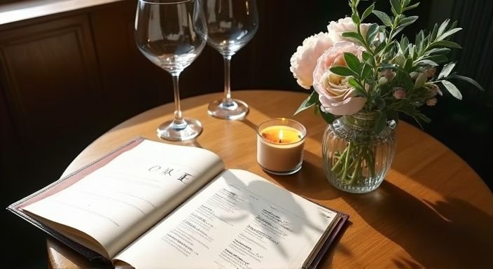 Een intieme cafésetting met bloemen, wijn en een menu. Een intieme cafésetting met bloemen, wijn en een menu