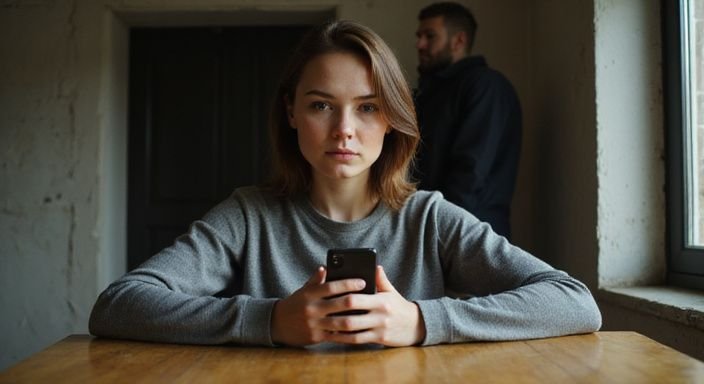 Een jonge vrouw kijkt gespannen naar haar smartphone aan een tafel. Een jonge vrouw kijkt gespannen naar haar smartphone aan een tafel