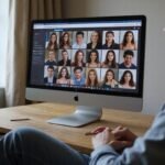 Een persoon bekijkt een computer met webcamshows op een bureau