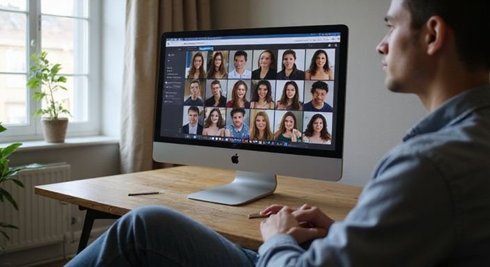 Een persoon bekijkt een computer met webcamshows op een bureau